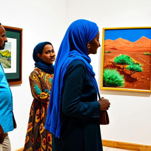 Home 6 "Colors of Djibouti" Art Exhibition**
* **Prompt:** "A vibrant art gallery showcasing modern Djiboutian artwork, featuring colorful paintings and sculptures, with visitors admiring the pieces. Bright lighting, high-resolution photography, safe for work, appropriate content, fully clothed, professional, modest"
**