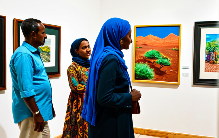 "Colors of Djibouti" Art Exhibition**

*   **Prompt:** "A vibrant art gallery showcasing modern Djiboutian artwork, featuring colorful paintings and sculptures, with visitors admiring the pieces. Bright lighting, high-resolution photography, safe for work, appropriate content, fully clothed, professional, modest"

**