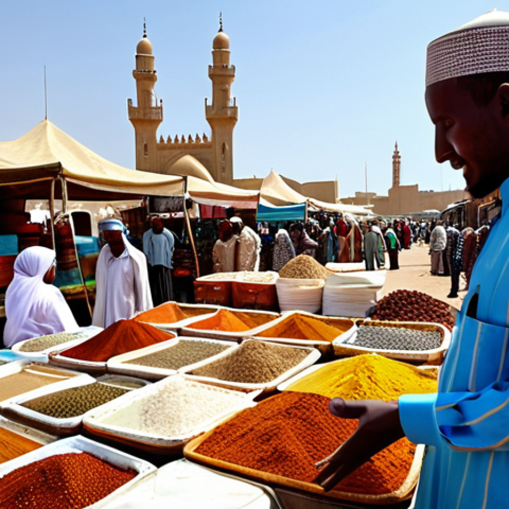 지부티의 주요 종교적 의식 - **

"A bustling Djiboutian marketplace scene, featuring merchants in traditional, fully clothed atti...