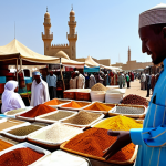 지부티의 주요 종교적 의식 - **

"A bustling Djiboutian marketplace scene, featuring merchants in traditional, fully clothed atti...