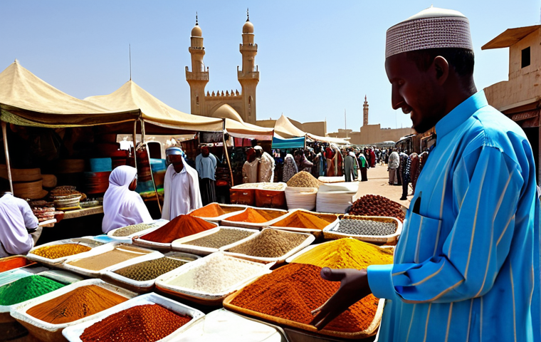 지부티의 주요 종교적 의식 - **
"A bustling Djiboutian marketplace scene, featuring merchants in traditional, fully clothed atti...