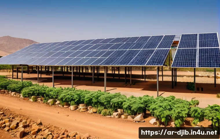지부티의 전력 공급 문제 - A vibrant urban landscape in Djibouti featuring a modern solar power farm adjacent to growing indust...
