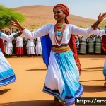 Home 21 지부티 민족 전통 춤 - A vibrant traditional Djiboutian dance festival scene featuring dancers from the Afar, Somali, and A...