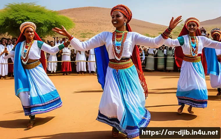 지부티 민족 전통 춤 - A vibrant traditional Djiboutian dance festival scene featuring dancers from the Afar, Somali, and A...