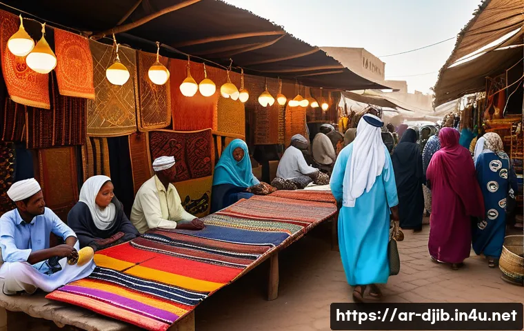 지부티 문화의 다문화적 특성 - A vibrant traditional Djiboutian market scene bustling with diverse people wearing colorful, modest ...
