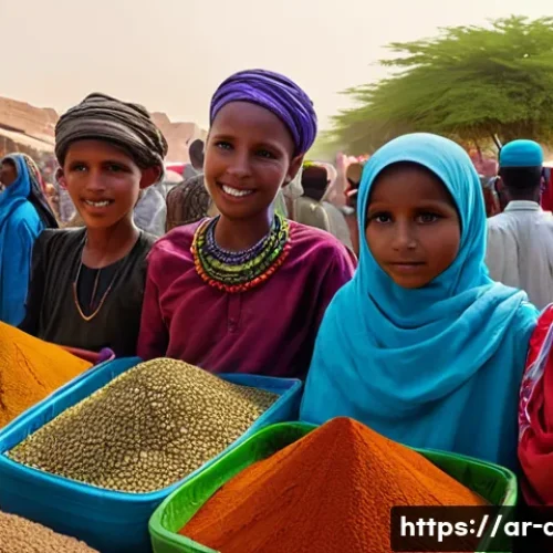 Home 31 지부티 부족별 언어 - A vibrant traditional Djiboutian market scene featuring diverse tribal groups wearing colorful cultu...