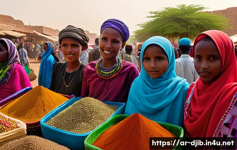 지부티 부족별 언어 - A vibrant traditional Djiboutian market scene featuring diverse tribal groups wearing colorful cultu...