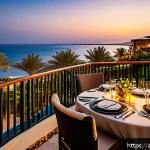 Home 18 지부티 럭셔리 리조트 정보 - A luxurious beachfront resort in Djibouti at sunset, featuring spacious balconies with comfortable l...