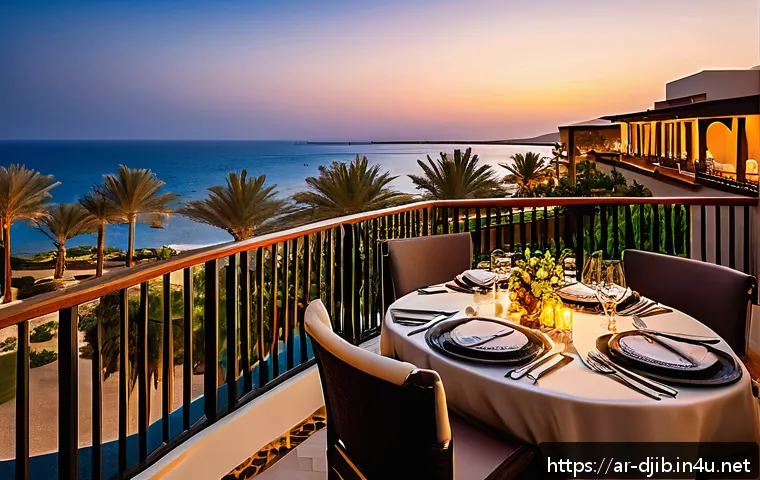 지부티 럭셔리 리조트 정보 - A luxurious beachfront resort in Djibouti at sunset, featuring spacious balconies with comfortable l...