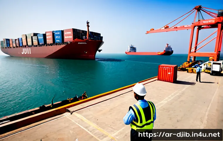 지부티와 중국의 경제 협력 - Photorealistic wide-angle view of Djibouti’s modern deep-water port at sunrise, Chinese-built cargo ...