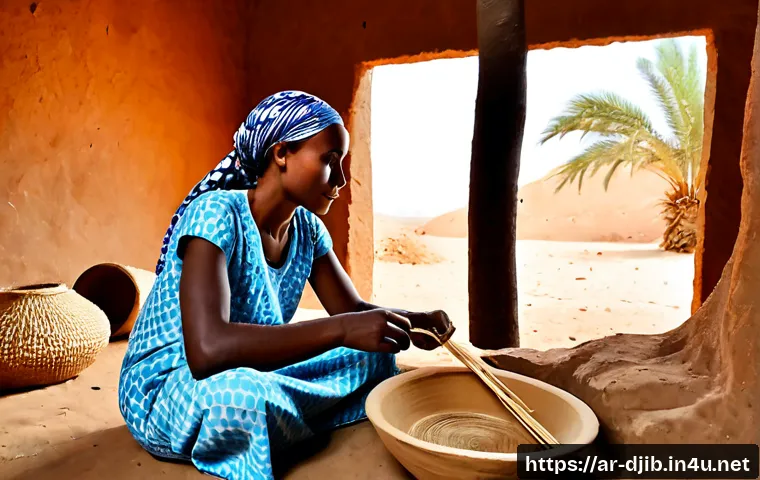 지부티의 전통 공예 제작 과정 - Photorealistic documentary scene inside a traditional Djiboutian artisan workshop, a skilled craftsw...